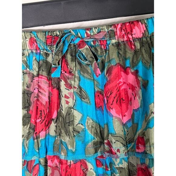 Solitaire Floral Pull On High Waisted Tiered Midi A-Line Skit Blue/Red Women's S - Picture 4 of 8